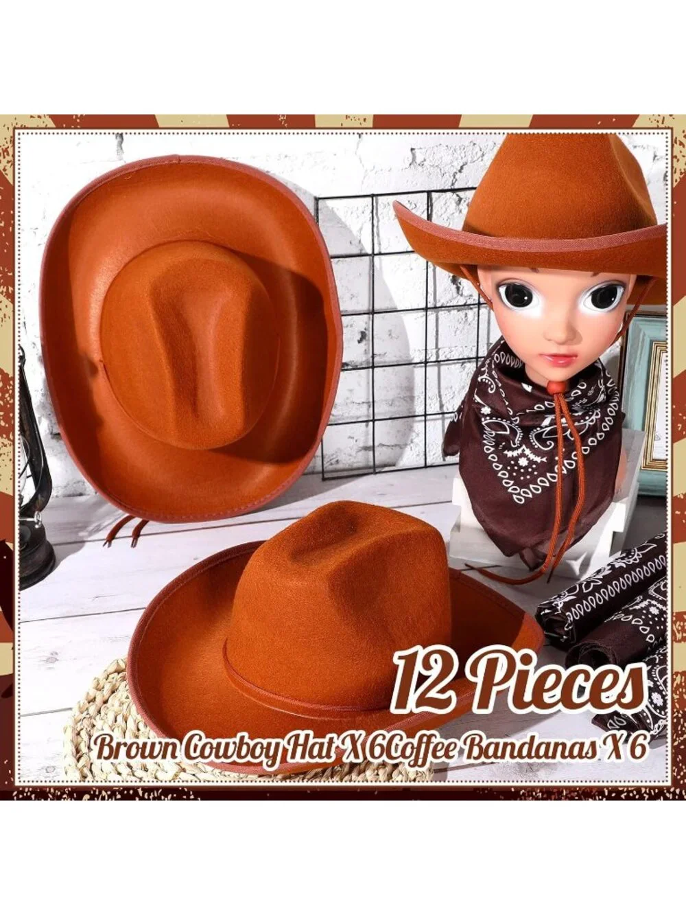Men's Bronze Bandanas Bulk Adjustable Felt Western Cowboy Cowgirl Hat 12 Pcs